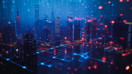 Fototapeta premium Smart digital Innovation city Business skyscrapers in the Financial District with connection network reciprocity over the cityscape. of future smart wireless digital city and social media networking