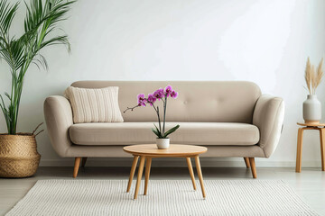 Elegant living room interior with beige sofa, coffee table, and potted orchid plant during daylight in a modern home setting. Generative AI