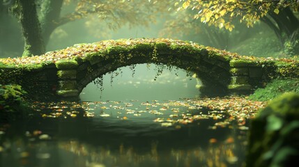 Fototapeta premium Nature's Reclamation - Tranquil River and Moss-Covered Stone Bridge in Autumn Splendor | Ultra-Detailed Image of Scenic Bridge in Fall