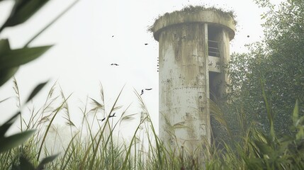 Fototapeta premium Erosion of Time: Decaying Water Tower in Tall Grass with Nesting Birds - Symbol of Passing Years and Nature's Reclamation