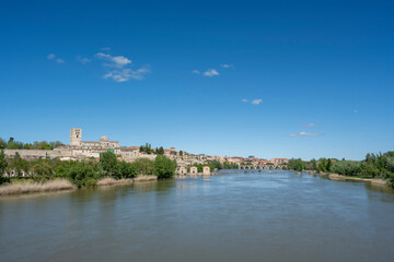 Zamora, Spain - April 17, 2024: Panoramic view of the city and the Duero River with the Stone Bridge