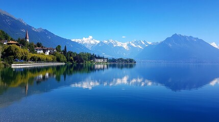 Tranquil lake with snow-capped mountains and blue sky.