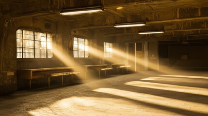 Forgotten Glory: A Haunting Image of a Decaying Train Station with Dusty Ticket Counters and Sunlit Benches