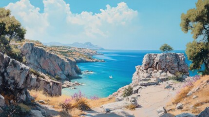 Coastal landscape with turquoise waters and rocky cliffs under a clear sky