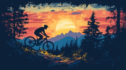 Obraz premium Silhouette of a mountain biker riding on a mountain trail at sunset.