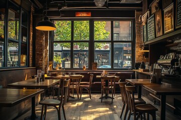 warm and inviting urban cafe with rustic decor, wooden tables and chairs, and large windows letting in natural light