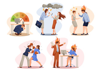 Illustrations of people experiencing different stressful work situations. Various backgrounds. Concept of workplace stress. Vector illustration