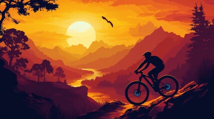 Obraz premium Silhouette of a mountain biker riding on a trail overlooking a valley at sunset.