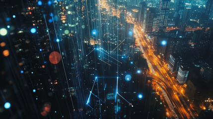 Fototapeta premium Smart digital Innovation city Business skyscrapers in the Financial District with connection network reciprocity over the cityscape. of future smart wireless digital city and social media networking