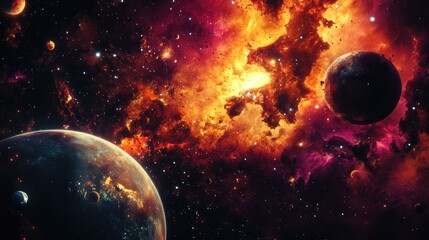 Abstract background design featuring forms and planets related to science capturing a vibrant explosion of stars in space and a fantastic galaxy within the universe