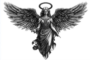 Fototapeta premium Elegant angel tattoo with artistically designed feathers and soft shading