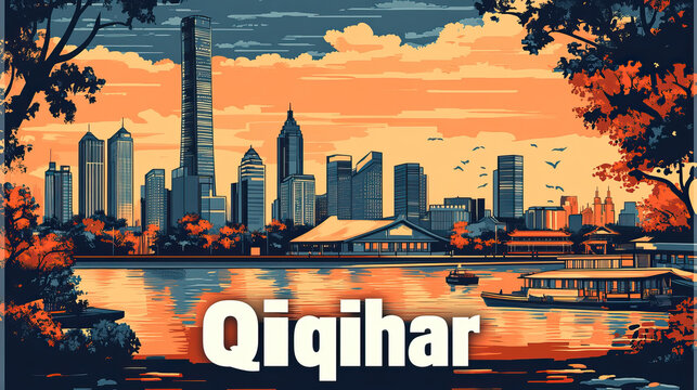 Qiqihar, China, retro french vintage art nouveau travel poster art. City name in text, bold art nouveau font. Background, banner, wallpaper