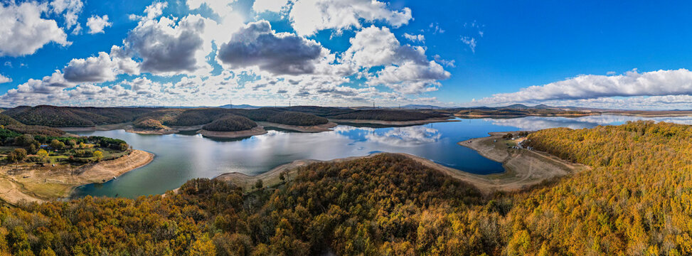 Omerli Dam is a dam in Istanbul, Turkey. Omerli Dam is located in Cekmekoy district. Aerial drone shot..