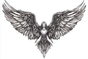 Obraz premium Artistic angel tattoo with wide wings and soft lines