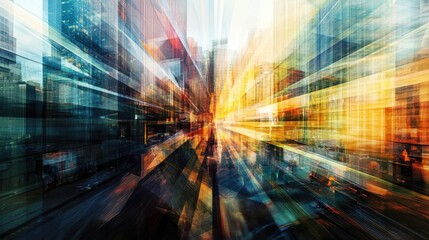 Vibrant abstract representation of light refracting through a clear prism set against a backdrop of a bustling urban business landscape