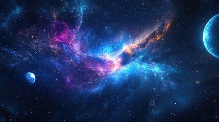 Fototapeta premium Abstract colorful cosmic background sci fi wallpaper Stunning galaxy amidst the universe Stellar explosions in space Planets within a distant solar system