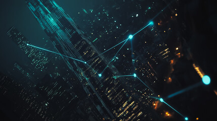 Fototapeta premium Smart digital Innovation city Business skyscrapers in the Financial District with connection network reciprocity over the cityscape. of future smart wireless digital city and social media networking