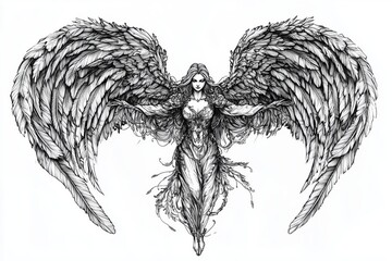 Obraz premium Classic angel tattoo with expressive wings and harmonious design