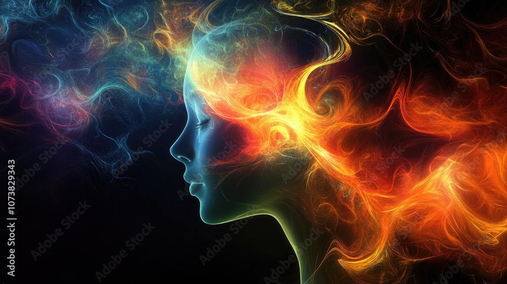 Poster abstract colorful figure composition on a dark background featuring fractals and computer graphics s