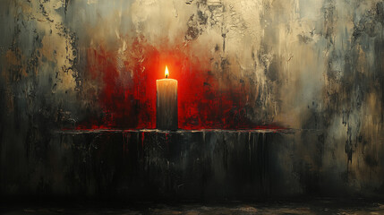 Single candle on dark textured background with red accents, illustration.