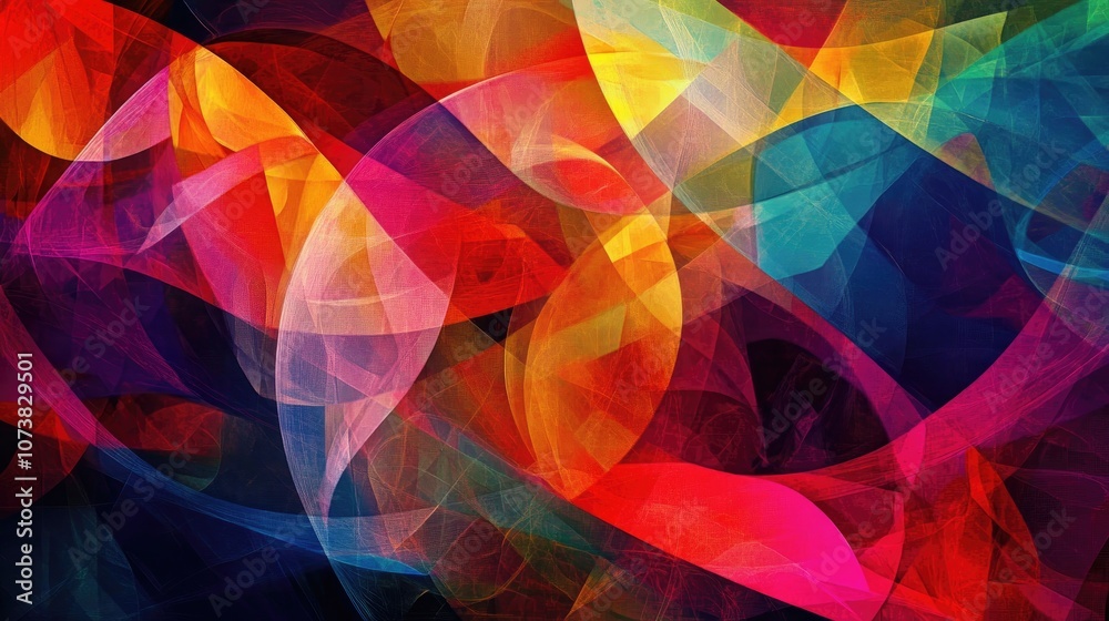 Poster abstract colorful figure composition on a dark background featuring fractals and computer graphics s