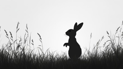 Silhouette of a rabbit standing in a field of grass against a white background.