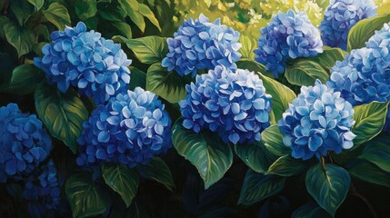 Obraz premium Vibrant blue hydrangea blooms flourish amidst a rich green backdrop showcasing a bright and colorful representation of summer s beauty