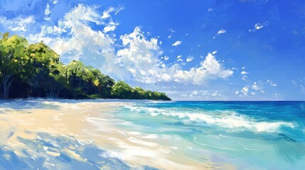 Tropical beach landscape featuring crystal clear waters pristine white sand lush trees and a bright blue sky