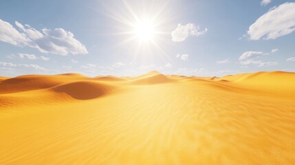 A vibrant desert landscape featuring golden sand dunes under a bright sun and clear blue sky.