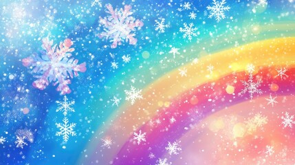 Festive background featuring vibrant snowflakes bokeh effect 2D cartoon illustration and a whimsical rainbow for a cheerful holiday theme