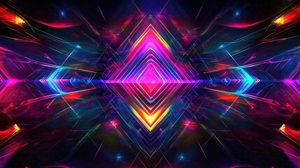 Abstract futuristic backdrop featuring vibrant neon geometric lines stars and a portal leading to another dimension