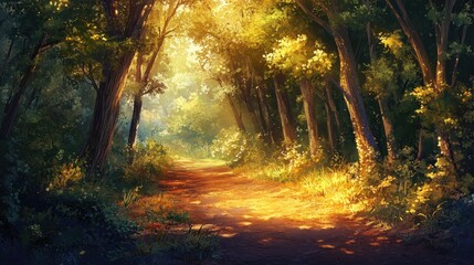 Obraz premium Tranquil summer forest pathway bathed in sunlight bordered by tall trees with vibrant green leaves casting a warm golden glow on the ground