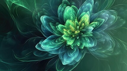 Fantasy abstract fractal flower design in green and blue tones created through computer generation