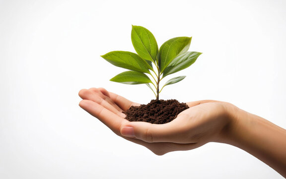 mano extendida con una planta sobre fondo blanco