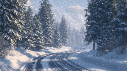 Snowy forest road surrounded by tall evergreen trees