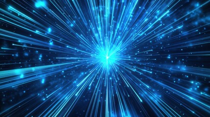 A dynamic explosion of vibrant blue light radiating outward, creating a sense of depth and motion.