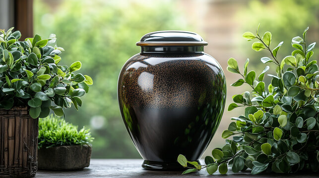 Green Foliage Funeral Urn Background with Subtle Leaves, Ashes urn