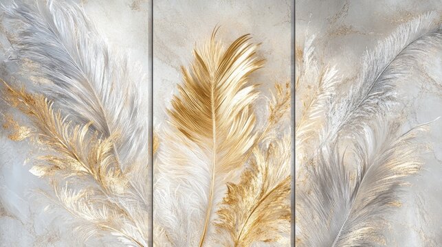 Three panel wall art featuring a marble backdrop adorned with elegant designs of golden and silver feathers