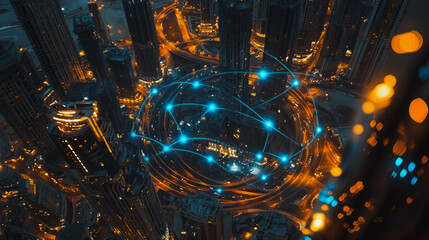 Fototapeta premium Smart digital Innovation city Business skyscrapers in the Financial District with connection network reciprocity over the cityscape. of future smart wireless digital city and social media networking