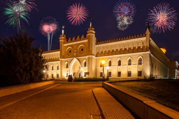 Fototapeta premium New year celebrate fireworks over the Lublin Royal Castle. Poland, Europe
