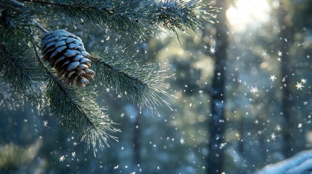 Snow gently falls on a pine cone and branches