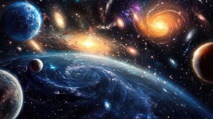Stunning illustration of vibrant galaxies and celestial bodies within the expansive universe highlighting spectacular stars and cosmic formations