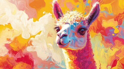 Vibrant and joyful painting of an alpaca in a colorful style