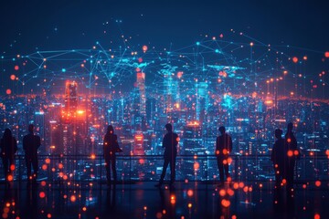 Obraz premium Futuristic cityscape with digital network overlay at night