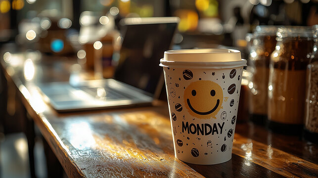 Recyclable cardboard coffee cup with the text: MONDAY and a smiley face on an office desk. Positivity at work and Monday.