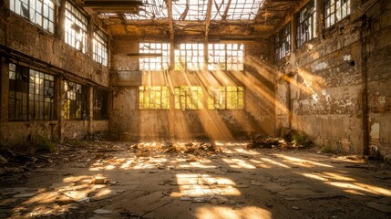 Forgotten Beauty: Rustic Abandoned Factory Bathed in Golden Sunlight with Crumbling Walls and Shattered Glass Details.