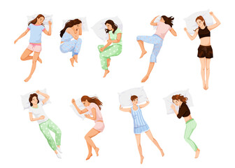 Fototapeta premium A collection of women sleeping in different poses, illustrated style, on a plain background. Concept of sleep. Vector illustration