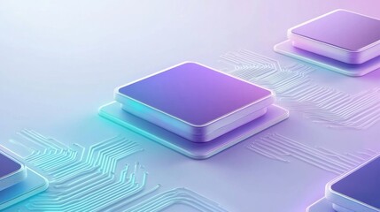 Futuristic microchips with glowing circuits on a sleek, pastel background, AI