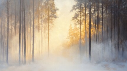 Fototapeta premium Misty forest landscape illuminated by warm morning sunlight