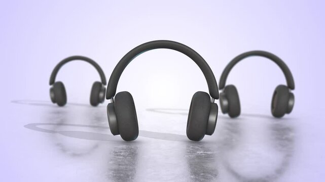 Black Wireless Headphones on a Reflective Floor. Bluetooth Headphones 3D. 4K 